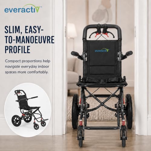 Image of EverActiv AERO GLIDE Foldable Travel Wheelchair, 9.5 kg Lightweight Portable Wheel Chair for Seniors & Patients, Compact Attendant Wheelchair with Aluminium Frame, Hand Brakes, Safety Belt & Foldable Footrest