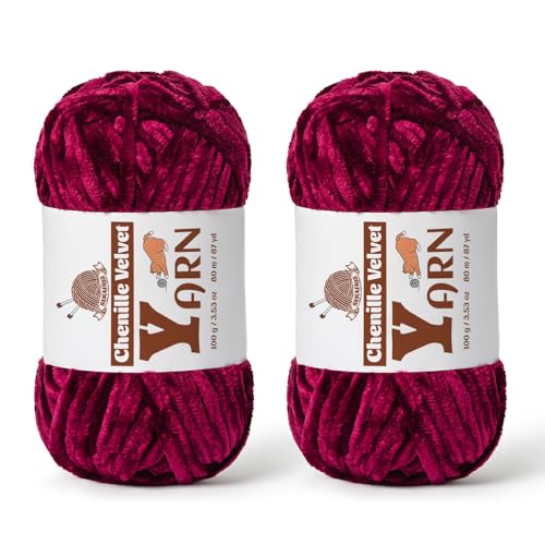 Image of 2 Pack Plush Chenille Chunky Yarn - Fluffy Velvet Yarns Crochet for Blanket Knitting and Crocheting - Soft Baby Yarn for Crocheting - Amigurumi Crochet Yarns 100g (87yds) (2 Burgundy)
