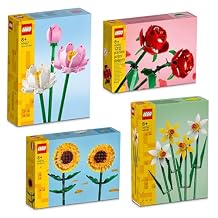 BRICK Flip Lego Flowers Set of 4 40460 Roses & 40524 Sunflowers & 40647 Lotus Flowers & 40747 Daffodils | Botanical Collection | Icons