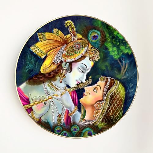 Image of PAINTINGMANTRA Radha Krishna Pichwai Art Round Large Wall Art Painting for Living Room Decoration, Circular Gold Metal Finish Stylish Large Wall Art Print for Wall Decor (22x22 Inches)
