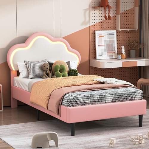 Cama Infantil tapizada de 90 x 200 cm, Cama Individual para niña con cabecero LED en Forma de Nube, cabecero Regulable en Altura, Cama Juvenil con somier, sin colchón(90 x 200 cm, Rosa)