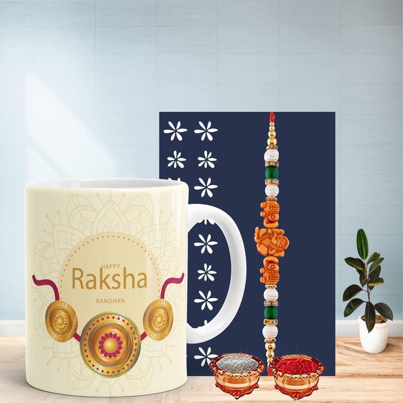 Gift Arcadia Unisex-Adult Rakhi For Brother With Printed Ceramic Mug And Rakhi Combo |Pack Of 4 (Roli Chawal, Rakhi, Greeting Card, Printed Coffee Mug, ) | Best Rakhi Gift For Brother, Rakhi With Mug