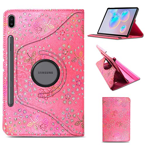 Case for Samsung Galaxy Tab S6 2019, with S Pen Support, Front support Ultra Slim Lightweight 360 Rotating Stand Strong Back Cover, for 10.5 Inch Samsung Tab S6 SM-T860/T865 - Rose On Pink Glitter
