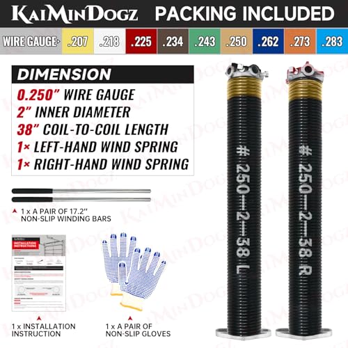 KaiMinDogz Pair of 2" Garage Door Torsion Springs Set with Non-Slip Winding Bar & Gloves,High Precision Electrophoresis Black Coated, for Replacement & Installation, MIN 16,000 Cycles (0.250x2''x38'') by KaiMinDogz - Image 2