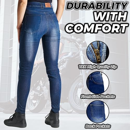 Bikers Gear Australia BGA Motorcycle Jeans for Women Motorbike Trousers Kevlar Stretch Stonewash Motorbike Jeans Ladies with Removable Hip & Knee Armor (UK, Numeric, 12, Regular, Regular, Blue) - Image 2