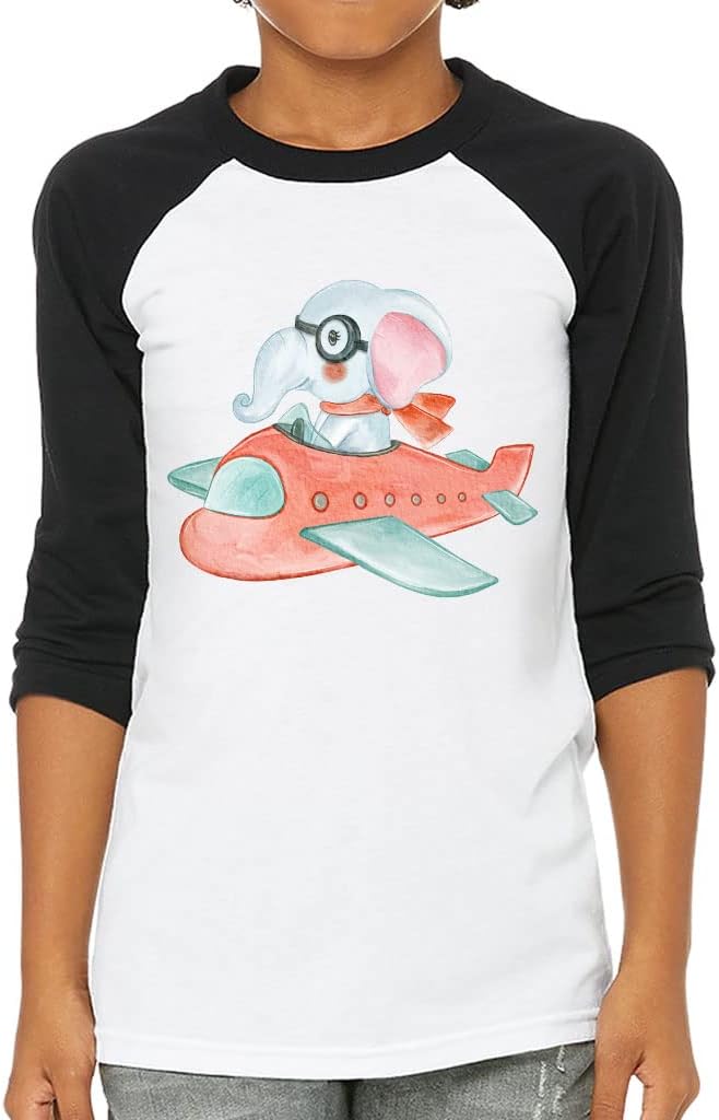 Elephant Flying Plane Kids' Baseball T-Shirt - Art 3/4 Sleeve T-Shirt - Animal Art Baseball Tee