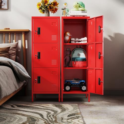 Image of Aobabo 16 inch W 3 Door Metal Storage Locker with Lock, 47 inch H Steel Locker with Name Card Holder and Metal Leg for School, Home, Office, Playroom, Assembly Required, Red