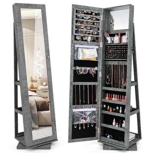 COSTWAY Armoire à Bijoux Pivotante à 360 Degrés, Organisateur de Bijoux sur Pieds, avec Grand Miroir Psyché et Etagère de Rangement à L'Arrière (Gris Foncé)