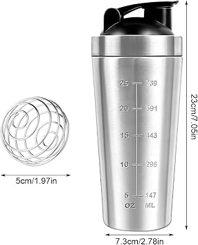 Protein Shaker Bottle 750ml, Stainless Steel Protein Shaker Cup, Gym Shaker Bottle, Protein Mixer Shaker Supplement Bottle with Mixball, Leak Proof Metal Sports Water Bottle for Men&Women