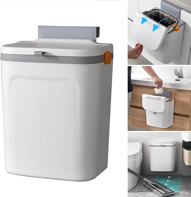 Hanging Trash Can with Lid, Kitchen Compost Bin for Cupboard or Under Sink, 9 Liter Plastic Garbage Can Wastebasket with Inner Barrel for Kitchen, Bathroom, Bedroom