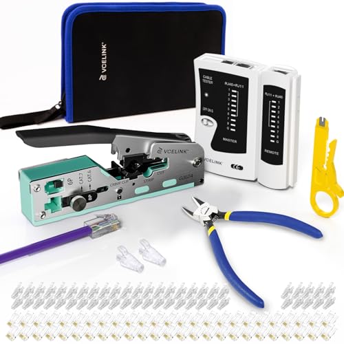VCELINK RJ45 かしめ工具キット CAT6 貫通式 RJ45コネクタ+保護カバー 50Pcs
