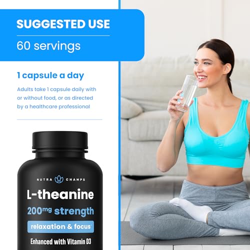 NutraChamps L-Theanine 200mg Capsules | Double-Strength L-Theanine Liquid with Vitamin D3, Organic Coconut Oil | Supports Mood, Focus, Stress Relief | L-Theanine for Kids & Adults | 60 Vegan Capsules