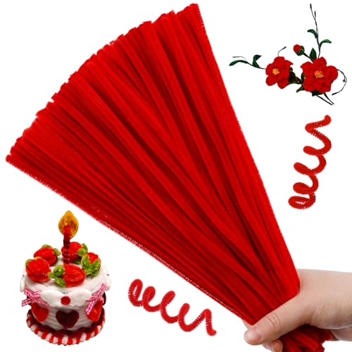 Image of Hssugi 100PCS Pipe Cleaners, Red Chenille Stems Craft Supplies | Pipe Cleaners Craft Supplies, Pipe Cleaners Bulk Fuzzy Sticks for DIY Art and Craft Projects Home Decoration