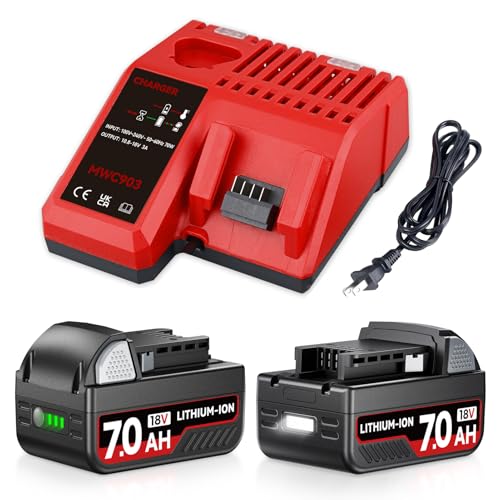 GROWFEAT Upgraded 2Pack 48-11-1850 7.0Ah Replacement for Milwaukee 18v Battery Charger Combo Compatible with Milwaukee Battery 48-11-1820 48-11-1828 48-11-1840 48-11-1862 with LED Indicator