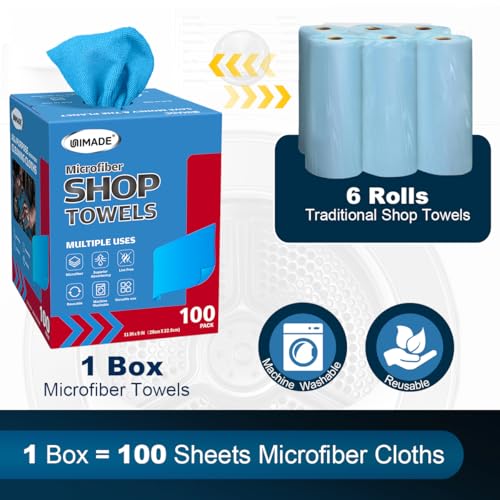 Image of UNIMADE Shop Towels, 100 Sheets Microfiber Cleaning Cloth | Commercial Grade Washcloths Lint-Free Bulk Shops Rags for Cars Mechanic Restaurant Garage Housekeeping, 11 inchx 9 inch, Blue