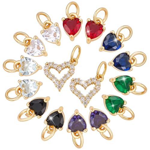 PH PandaHall 16pcs 18k Gold Plated Heart Charms, 8 Styles Cubic Zirconia Pendants Brass Birthstone Charms with Jump Ring for Earring Bracelet Necklace Choker Jewellery Making Thanksgiving