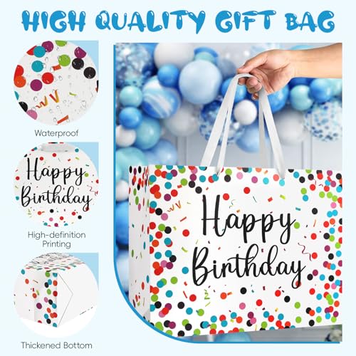 Image of JMANNI Large Happy Birthday Gift Bag with Tissue Papers and Greeting Card, Portable Paper Gift Bags with Handles,Colorful Dots Present Bags for Women Girls Birthday Party Supplies 13 inch x 10.2 inchx4.7 inch