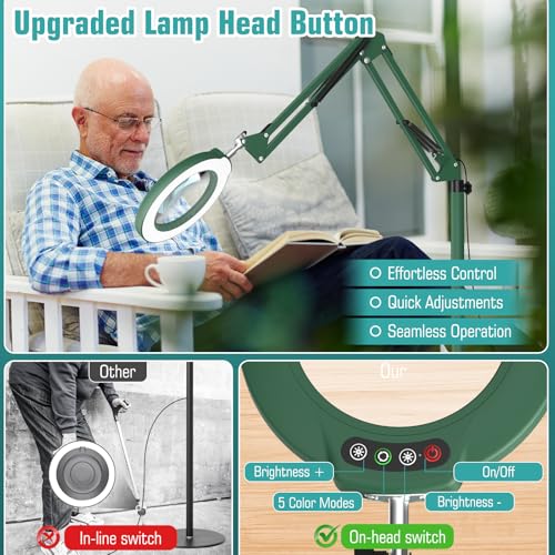 Image of 12X Magnifying Glass with Light and Stand, Real Glass Lens (Not Acrylic), 5 Color Modes, Stepless Dimmable, LED 3-in-1 Floor Lamp, Swing Arm with Clamp, Lighted Magnifier Hands Free for Crafts - Green