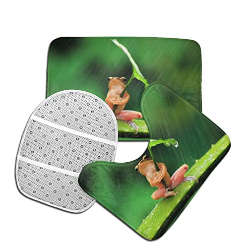 DIRYKILP Frosch mit Blatt Regenschirm 3 Stück Badvorleger Set Badematte + Konturmatte + Toilettendeckelbezug mit rutschfester Klebeunterseite – Bild 5