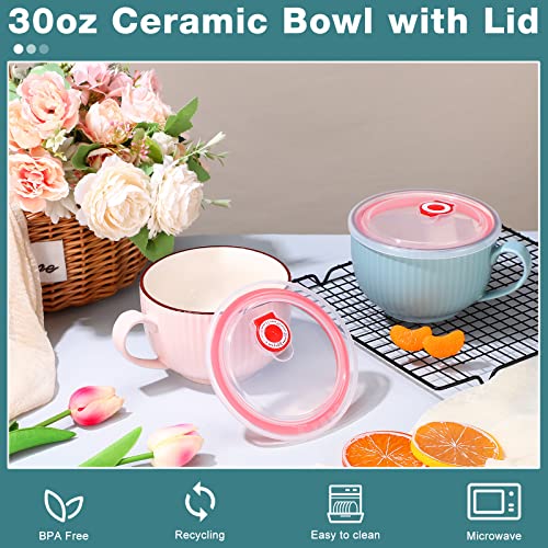 2 Pieces 30Oz Ceramic Soup Mug With Lid And Handle Microwave Soup Bowls Dishwasher Safe Large Mug For Ramen Cereal Sara (Pink, Blue) #TOP1