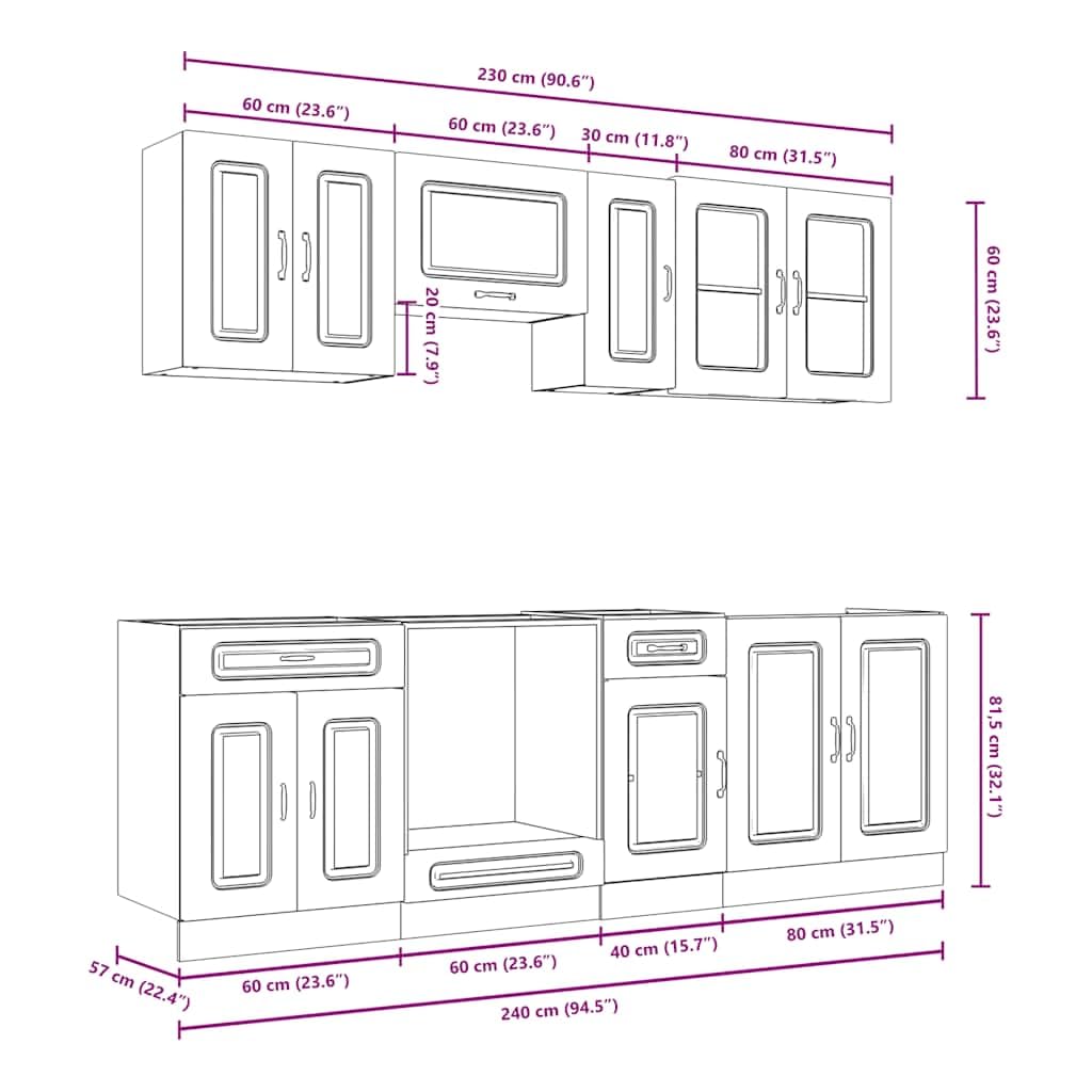 8-TLG. Küchenschrank-Set Kalmar Artisan-Eiche Holzwerkstoff Küchenschrank-Set, Küchenblock variabel stellbar Küche Komplett, ohne Arbeitsplatte für Restaurant, Hotel, Küche