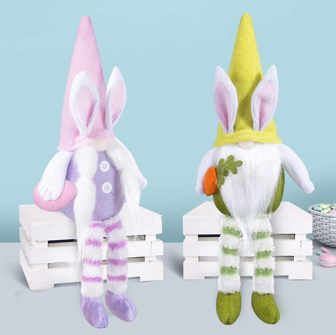 2PCS Easter Gnomes Plush Bunny Decorations Mr and Mrs Swedish Long Legs Sitting Gnome Carrying an Egg and a Carrot Easter Home Table Decorations