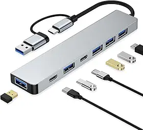 Adaptador Hub USB‑C 7 em 2 com 5 Portas USB 3.0 e 2 Portas USB‑C – Carregamento Rápido Multiportas para Notebooks, PCs, Smartphones e Tablets Premium