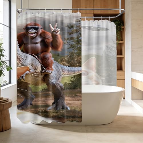 Image of Extra Long Shower Curtain XL Fun Cat Riding Dinosaur, 108 x 72 Inchs
