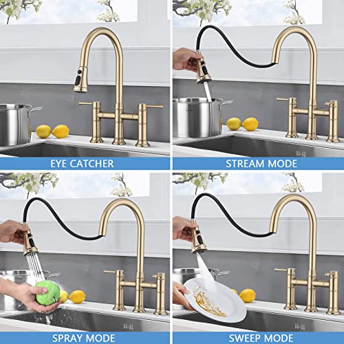 Dornberg Bridge Kitchen Faucet With Pull Down Sprayer, 3 Hole Kitchen Sink Faucet Spot Free Stainless Steel, 2 Handle For Easy Controlled Cold And Hot Water - Brushed Golden #TOP2