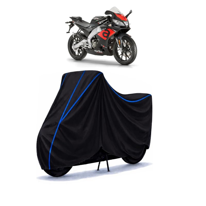 Image of Tuono 150 Bike Cover Water Resistant Universal Motorcycle Rain | Heavy Duty UV Protection, Dust, Scratch Indoor Outdoor All Weather with Black Blue Piping Elastic