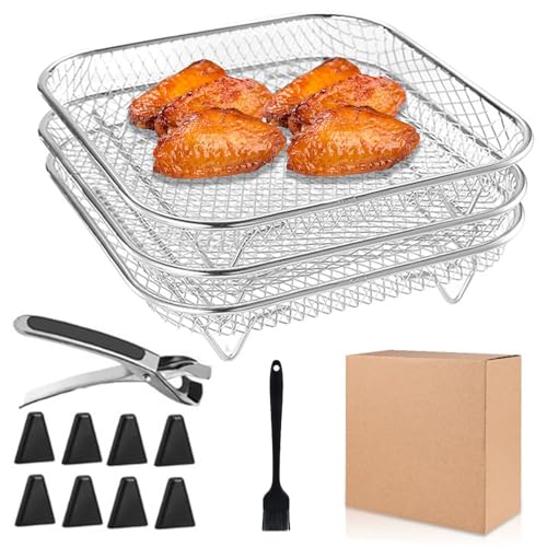 Lot de 3 grille air fryer,Rack de Friteuse à Air Empilable,grille pour air fryer avec 8 pieds en silicone, 1 pince，panier air fryer pour Air Fryer, Four, Press Cooker, Accessoires Carrés