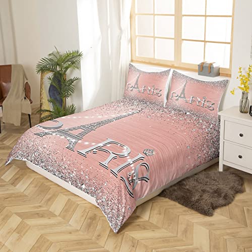 Erosebridal Eiffel Tower Duvet Cover For Girls,Pink Silver Romantic Paris Bedding Set Twin,Glitter Diamond Comforter Cover,Sparkles Sequins Quilt Cover With 1 Pillowcase Wedding Bedroom Decor #TOP1