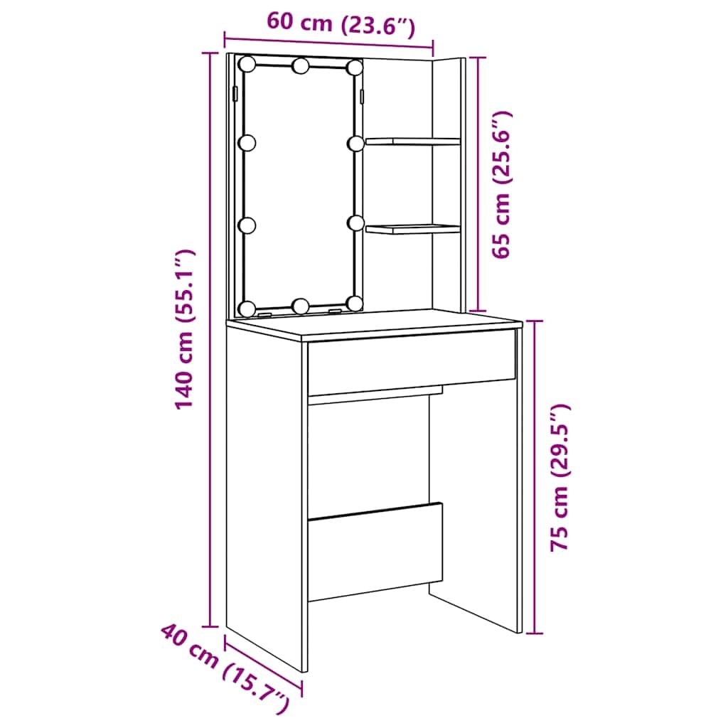 vidaXL Tocador con Luces LED Madera Envejecida 60x40x140 cm, Mesa tocador, tocador de Maquillaje, Muebles de vestidor, Mesa de Maquillaje