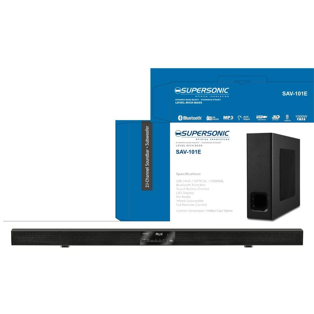 Supersonic 2.1 160W TidalWave Series Soundbar & Wired Subwoofer 3D