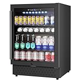 FoMup Beverage Refrigerator 24 Inch 200 Can Drink Fridge with Glass Door, Under Counter/Freestanding Beverage Cooler with Temperature Control, Reversible Door, Quick Cooling for Beer Soda Wine, Black