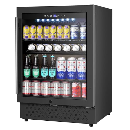 Image of Beverage Refrigerator 24 Inch 200 Can Drink Fridge with Glass Door, Under Counter /Freestanding Beverage Cooler with Temperature Control, Reversible Door, Quick Cooling for Beer Soda Wine, Black