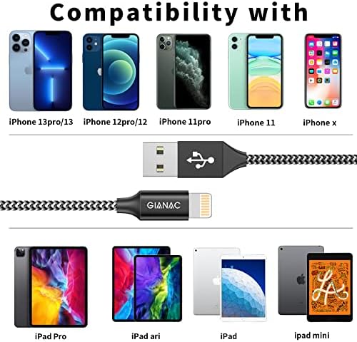 GIANAC iPhone Charger Cable, Lightning Cable 1.7FT/0.5M Nylon Braided iPhone Charger Lead USB Fast Charging Cable Compatible with iPhone 13/12/11/Pro/Xs Max/X/8/7/Plus/6S/6/SE/5S-Black