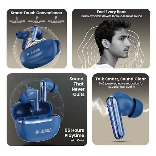 Image of AROMA TWS7 Star V5.4 Upto 60Hr Playtime*, ENC, Dual Paring, Fast Charging, Heavy Bass Bluetooth