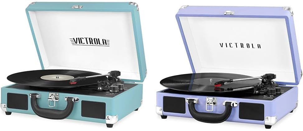 Victrola Tocadiscos portátiles de maleta con Bluetooth vintage con altavoces incorporados, sonido de audio de tocadiscos, números de modelo