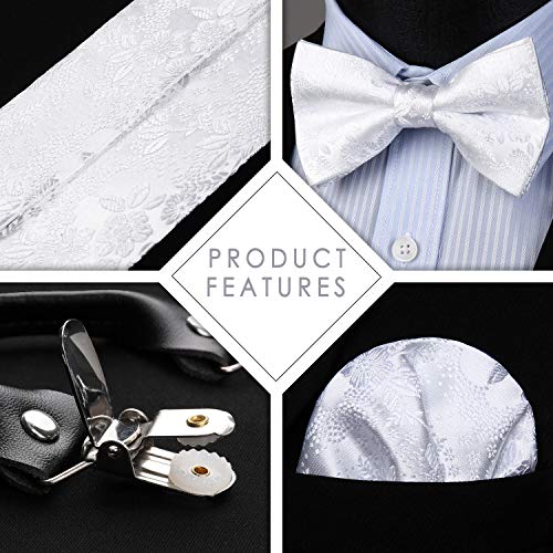 Image of HISDERN Suspenders for Men Paisley Floral Bow tie Suspender Pocket Square Sets Adjustable Y Shape 6 Clips Wedding Braces