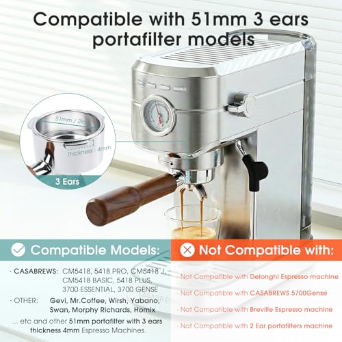 Image of 51mm Portafilter with 2 Spouts Compatible For CASABREWS CM5418, 3700 Series, Gevi, Mr. Coffee Espresso and Cappuccino Machine, 3 Ears Thickness 4mm, Rosewood Handle