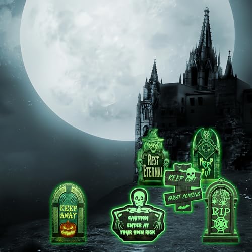 Aitsite 6PCS Halloween Tombstone Decorations, Green Plastic Gravestones with Fluorescent Design, Classic Halloween Elements, Durable Materials, Gothic Style, Outdoor Use, All Seasons - Image 7