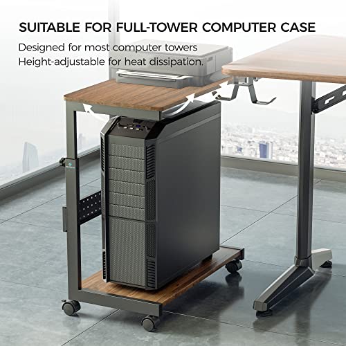 Image of EUREKA ERGONOMIC PC Stand Computer Cart, Height Adjustable Tower Stand 2-Tier Suit for ATX Case Printer, Metal Rolling Cart on Wheels for Gaming Home Office, Walnut