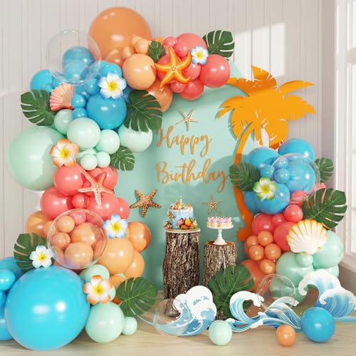 Tropical Balloon Arch Kit 134Pcs Orange Blue Red Green Clear Balloons with Artificial Palm Leaves for Hawaiian Luau Aloha Theme Baby Shower Birthday Party Decorations