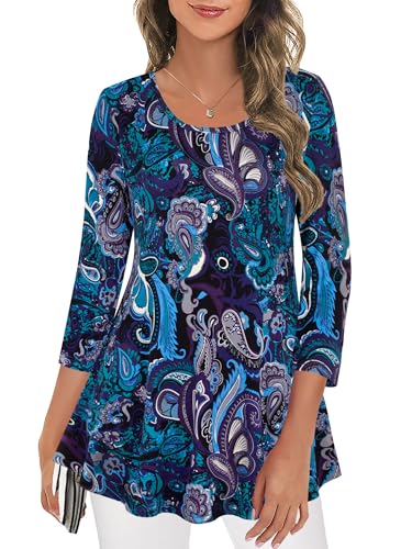 Nandashe Tunic Tops for Women, Juniors Office Wear Sexy Deep V Neck Shirts Short Sleeve Blouse Casual Floral Trapeze Tunics Blue Purple XXlarge