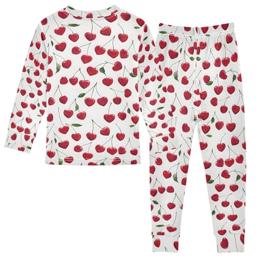ALAZA Fruit Cherry Heart White Pajamas Long Sleeve Sleepwear 2-Piece Pajama Set2
