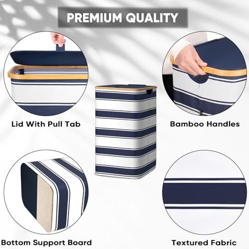 Image of BALEINE Laundry Hamper with Lid, Tall Laundry Baskets with Bamboo Pull Handles, Large Laundry Bin with Internal Support (18 Gal /70L, Blue Stripe)