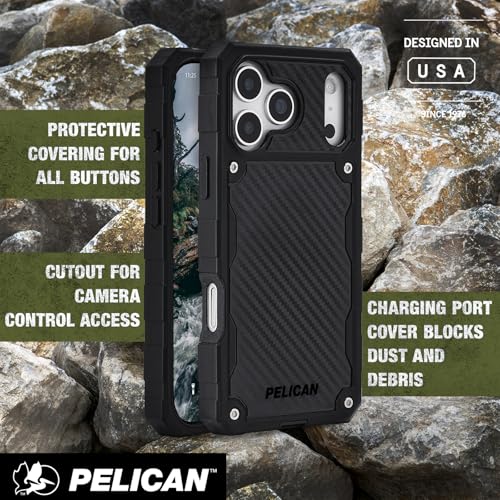 Image of Pelican Shield iPhone 17 Pro Max Case - Compatible with MagSafe - Carbon | Rugged Phone Case w /21ft Military-Grade Drop Protection - Heavy Duty Phone Cover w /Belt Clip Holster for iPhone 17 Pro Max