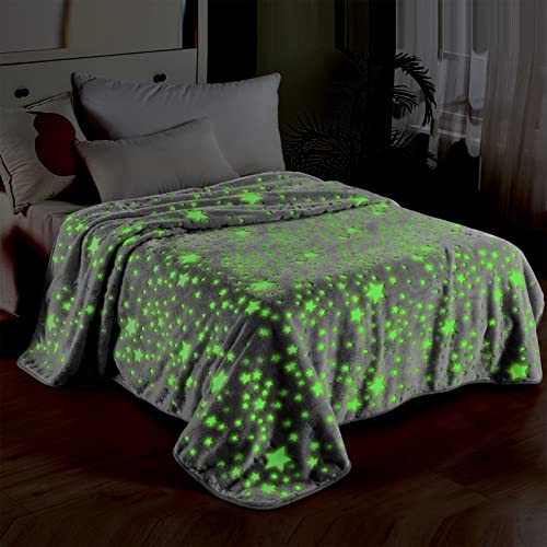 Glow In The Dark Throw Blanket Birthday Gifts For Kids 50" X 60" Grey Galaxy Stars Luminous Shining Flannel Fleece Bed Blanket Super Soft Couch Sofa Nap Cover Blanket For Girls Boys #TOP4