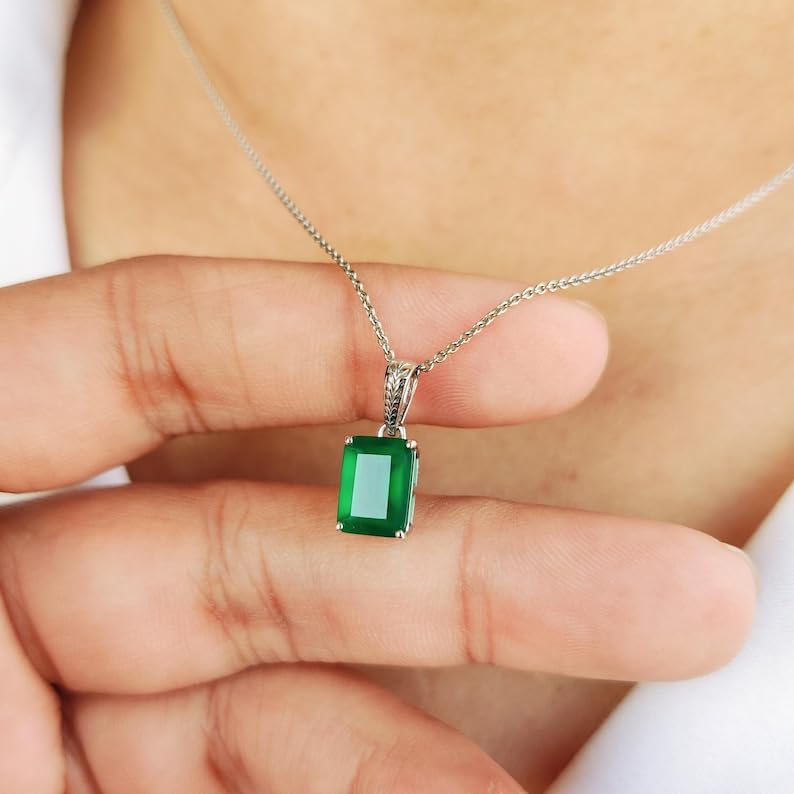 Colgante de ónix natural verde con collar de plata 925 rectangular de 45 cm 4